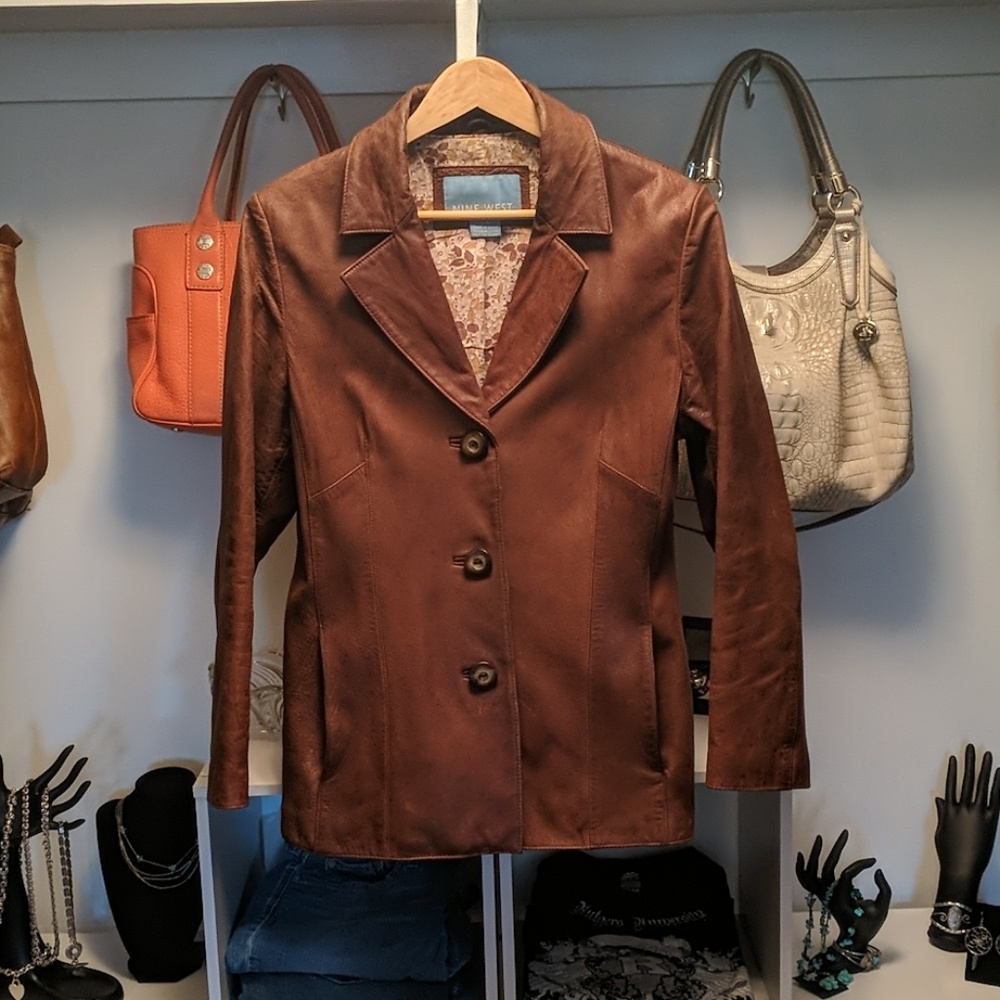Nine West 3 Button Brown Leather Jacket